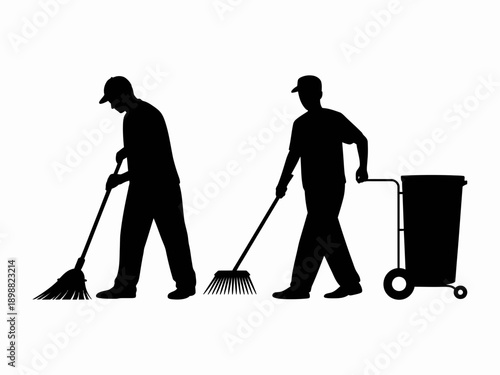 Two maintenance workers engaged in outdoor cleaning and waste collection duties isolated on white background, Vector, illustration