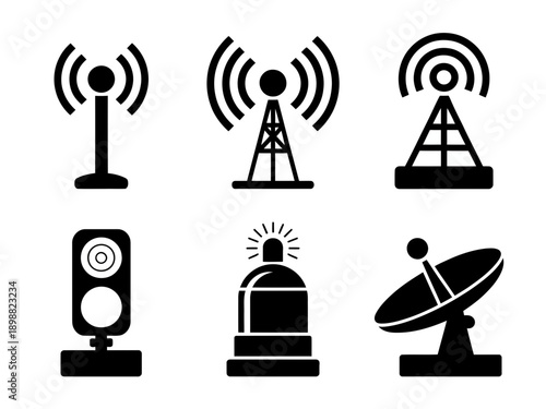 Collection of icons representing different types of communication and signal devices isolated on white background, Vector, illustration