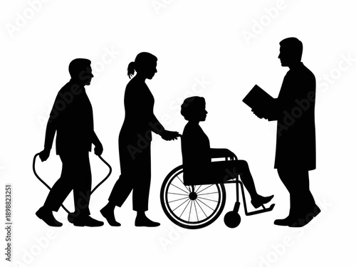 Group of people assisting an individual in a wheelchair for mobility support isolated on white background, Vector, illustration