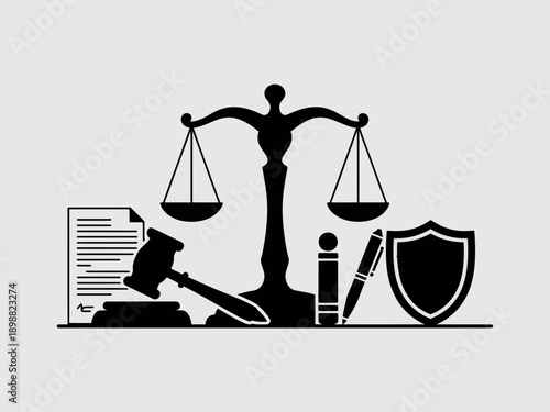 Symbolic representation of justice and legal profession elements isolated on white background, Vector, illustration