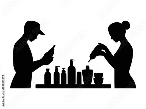 Two individuals preparing and examining beverages and ingredients together in a kitchen setting isolated on white background, Vector, illustration