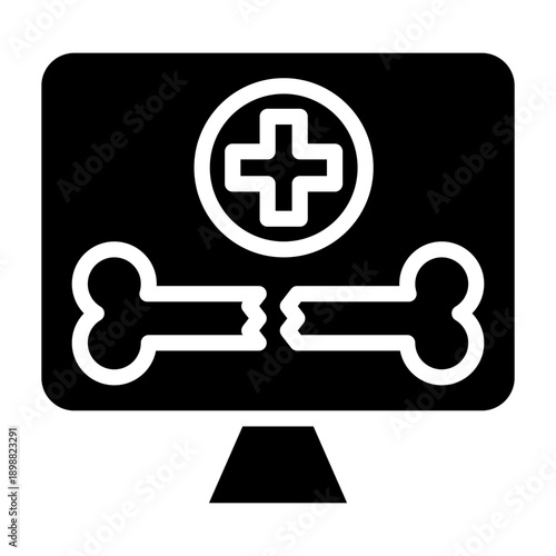 Black solid icon bone crack x ray. Minimalist silhouette icon medical health isolated background.