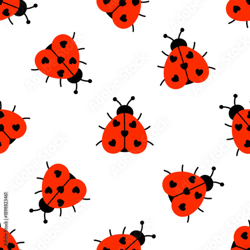 Seamless pattern with cute ladybug with heart shaped spots on white background. Love bug background for romantic design. Flat vector illustration.