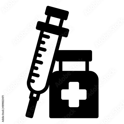 Black icon medicine injection. Minimalist solid line icon medical health isolated background.