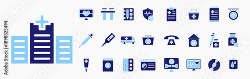 Medical Healthcare icon set. Containing medicine, healthcare, heartbeat, hospital, injection, blood transfusion and more. Solid blue icon set.