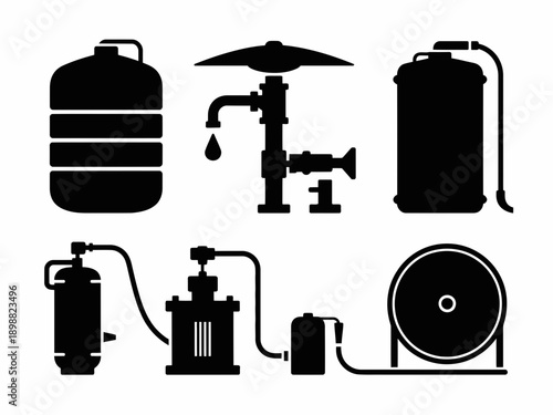 Assorted black and white illustrations of water storage and plumbing devices isolated on white background, Vector, illustration