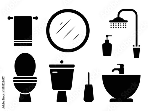 Black and white icons of common bathroom fixtures and accessories isolated on white background, Vector, illustration
