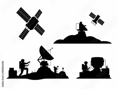 Space exploration and satellite communication depicted through various elements isolated on white background, Vector, illustration