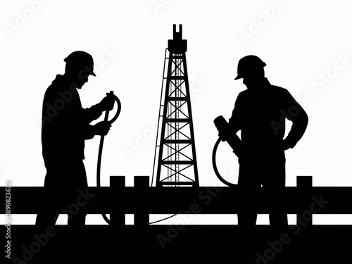 Two oil workers maintaining an oil drilling rig in silhouette isolated on white background, Vector, illustration
