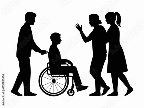 Assisting an individual in a wheelchair with support from two caregivers isolated on white background, Vector, illustration