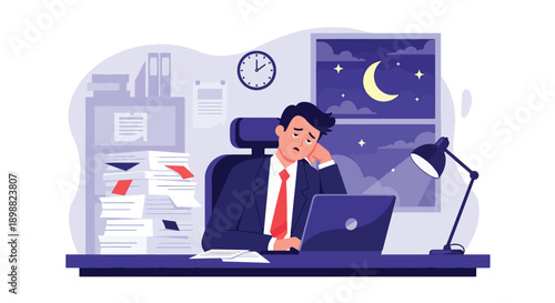 Tired corporate employee working late at desk surrounded by paperwork and laptop, showing overtime burnout, deadline pressure, and workplace stress in modern flat vector style