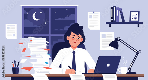 Tired corporate employee working late at desk surrounded by paperwork and laptop, showing overtime burnout, deadline pressure, and workplace stress in modern flat vector style