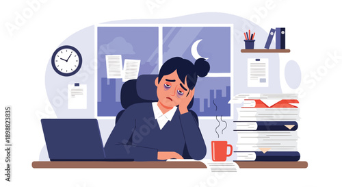 Tired corporate employee working late at desk surrounded by paperwork and laptop, showing overtime burnout, deadline pressure, and workplace stress in modern flat vector style