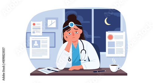 Exhausted female doctor leaning on hospital desk after long night shift, showing medical burnout, fatigue, and mental health challenges in clean modern flat vector illustration