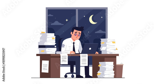 Tired corporate employee working late at desk surrounded by paperwork and laptop, showing overtime burnout, deadline pressure, and workplace stress in modern flat vector style