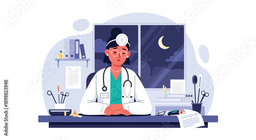 Exhausted female doctor leaning on hospital desk after long night shift, showing medical burnout, fatigue, and mental health challenges in clean modern flat vector illustration