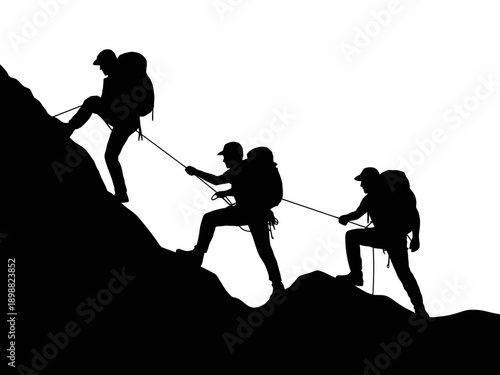 Team of adventurers climbing a rocky mountain together using a safety rope. isolated on white background, Vector, illustration
