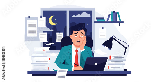 Tired corporate employee working late at desk surrounded by paperwork and laptop, showing overtime burnout, deadline pressure, and workplace stress in modern flat vector style