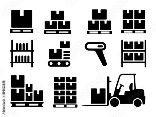 Warehouse operations and logistics equipment icons collection isolated on white background, Vector, illustration
