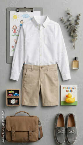 Flat Lay Outfit Capsule Wardrobe Series - Office look with black shirt, white tie and beige trousers