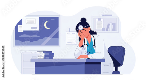 Exhausted female doctor leaning on hospital desk after long night shift, showing medical burnout, fatigue, and mental health challenges in clean modern flat vector illustration