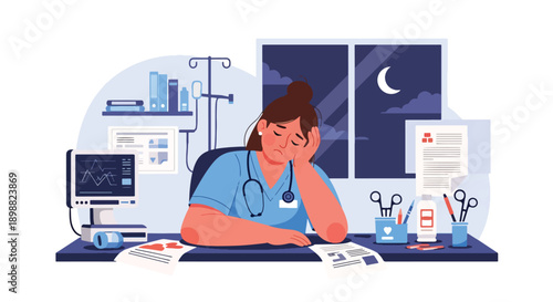 Exhausted female doctor leaning on hospital desk after long night shift, showing medical burnout, fatigue, and mental health challenges in clean modern flat vector illustration