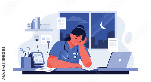 Exhausted female doctor leaning on hospital desk after long night shift, showing medical burnout, fatigue, and mental health challenges in clean modern flat vector illustration