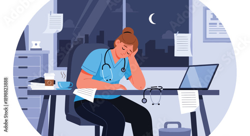 Exhausted female doctor leaning on hospital desk after long night shift, showing medical burnout, fatigue, and mental health challenges in clean modern flat vector illustration
