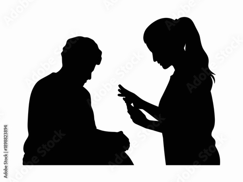 Silhouette of a couple distracted by their smartphones during dinner isolated on white background, Vector, illustration