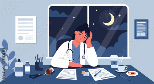 Exhausted female doctor leaning on hospital desk after long night shift, showing medical burnout, fatigue, and mental health challenges in clean modern flat vector illustration