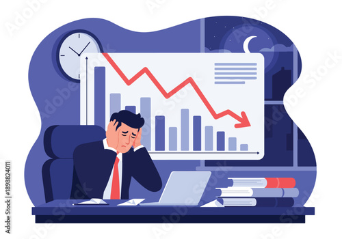 Stressed businessman holding head while business down, working late in office with city skyline view, representing corporate pressure, deadline anxiety, and burnout in modern flat vector style