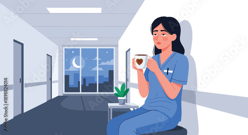 Fatigued nurse drinking coffee during hospital break, showing healthcare burnout, emotional exhaustion, and recovery moment after long shift in modern flat vector style