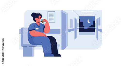 Fatigued nurse drinking coffee during hospital break, showing healthcare burnout, emotional exhaustion, and recovery moment after long shift in modern flat vector style