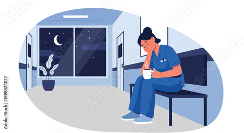 Fatigued nurse drinking coffee during hospital break, showing healthcare burnout, emotional exhaustion, and recovery moment after long shift in modern flat vector style