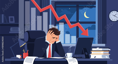 Stressed businessman holding head while business down, working late in office with city skyline view, representing corporate pressure, deadline anxiety, and burnout in modern flat vector style