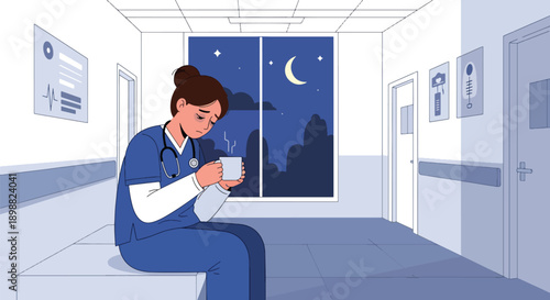 Fatigued nurse drinking coffee during hospital break, showing healthcare burnout, emotional exhaustion, and recovery moment after long shift in modern flat vector style