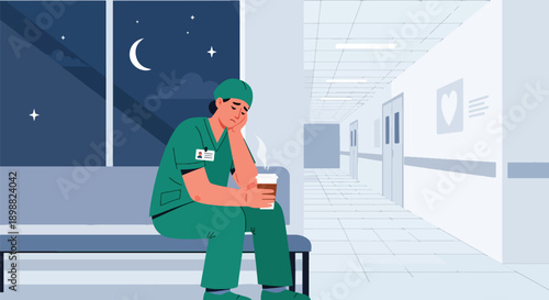 Fatigued nurse drinking coffee during hospital break, showing healthcare burnout, emotional exhaustion, and recovery moment after long shift in modern flat vector style