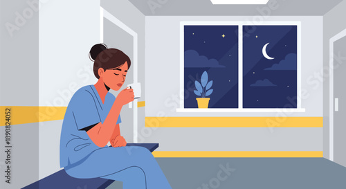 Fatigued nurse drinking coffee during hospital break, showing healthcare burnout, emotional exhaustion, and recovery moment after long shift in modern flat vector style