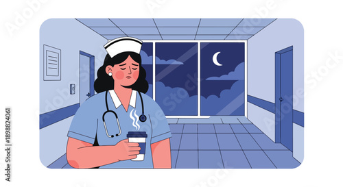 Fatigued nurse drinking coffee during hospital break, showing healthcare burnout, emotional exhaustion, and recovery moment after long shift in modern flat vector style