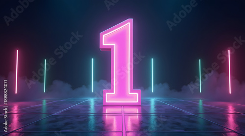 A vibrant neon number one against a dark backdrop, surrounded by colorful glowing lights and mist.
