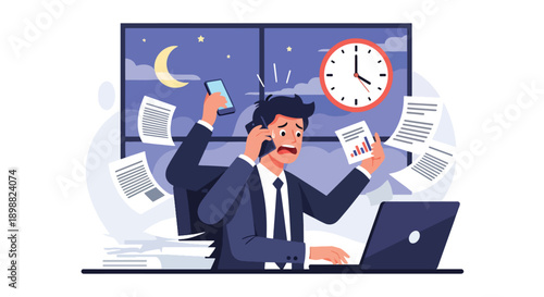 Overloaded office worker multitasking with phone, laptop, documents, and clock, illustrating deadline pressure, digital overload, and corporate burnout in flat vector style