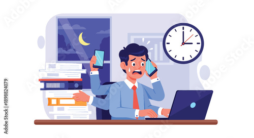 Overloaded office worker multitasking with phone, laptop, documents, and clock, illustrating deadline pressure, digital overload, and corporate burnout in flat vector style