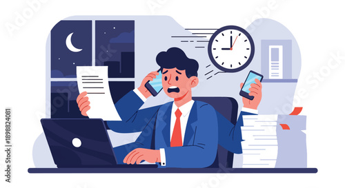 Overloaded office worker multitasking with phone, laptop, documents, and clock, illustrating deadline pressure, digital overload, and corporate burnout in flat vector style