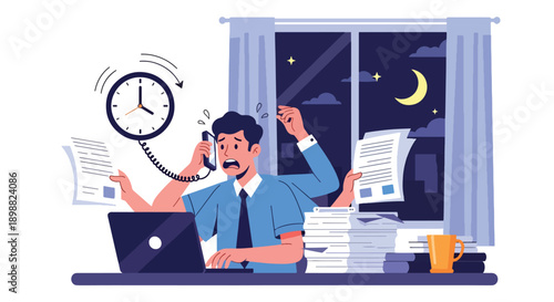 Overloaded office worker multitasking with phone, laptop, documents, and clock, illustrating deadline pressure, digital overload, and corporate burnout in flat vector style
