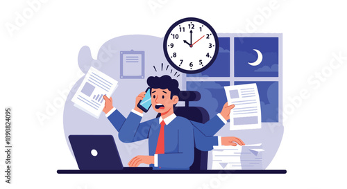 Overloaded office worker multitasking with phone, laptop, documents, and clock, illustrating deadline pressure, digital overload, and corporate burnout in flat vector style