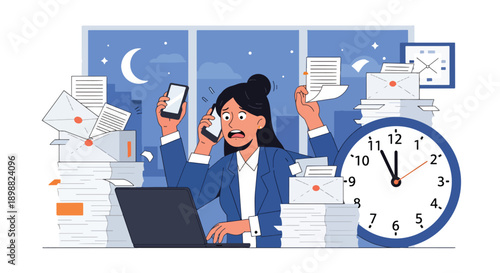 Overloaded office worker multitasking with phone, laptop, documents, and clock, illustrating deadline pressure, digital overload, and corporate burnout in flat vector style