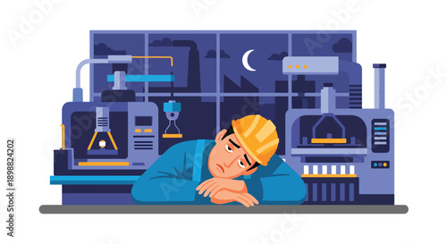 Fatigued factory worker resting head on workbench in industrial workshop, showing physical exhaustion, heavy workload, and labor burnout in modern flat vector illustration