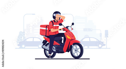 Tired delivery courier resting on motorcycle after long shift in busy city street, showing workload exhaustion, transport stress, and gig economy burnout in flat vector style
