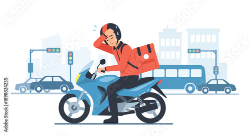 Tired delivery courier resting on motorcycle after long shift in busy city street, showing workload exhaustion, transport stress, and gig economy burnout in flat vector style