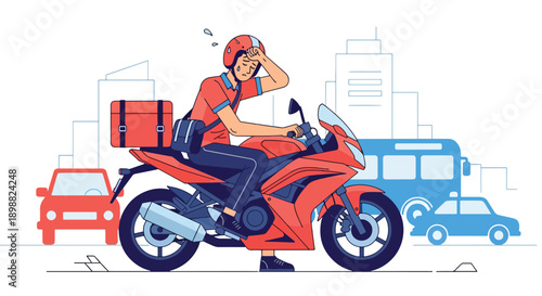 Tired delivery courier resting on motorcycle after long shift in busy city street, showing workload exhaustion, transport stress, and gig economy burnout in flat vector style